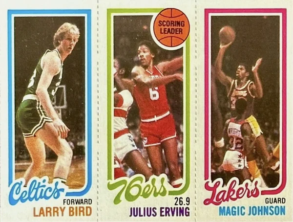 Magic Johnson & Larry Bird — 1980-81 Topps (Bird/Erving/Magic three-panel)