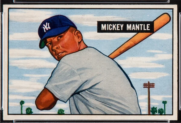 1951 Bowman Mickey Mantle rookie card, number 253, a painted portrait of Mantle following through on a swing
