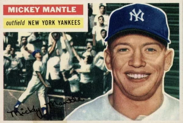 1956 Topps Mickey Mantle card, a large smiling portrait beside a small painted scene of an outfielder at the wall