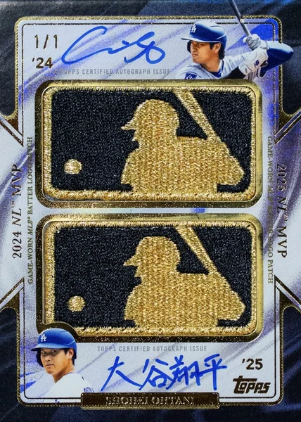2026 Topps Chrome Shohei Ohtani back-to-back Dual Gold Logoman, 1/1 — two game-worn gold MLB Logoman patches and two signatures