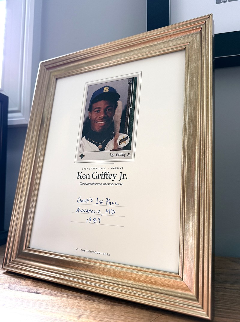 A framed Collector&rsquo;s Story print of the 1989 Upper Deck Ken Griffey Jr., with three lines handwritten beneath it