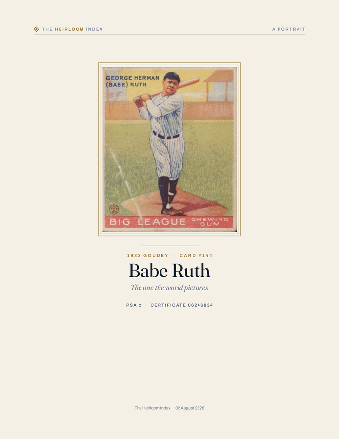 The Plate — a 1933 Goudey #144 Babe Ruth, PSA 2, printed with its certificate number