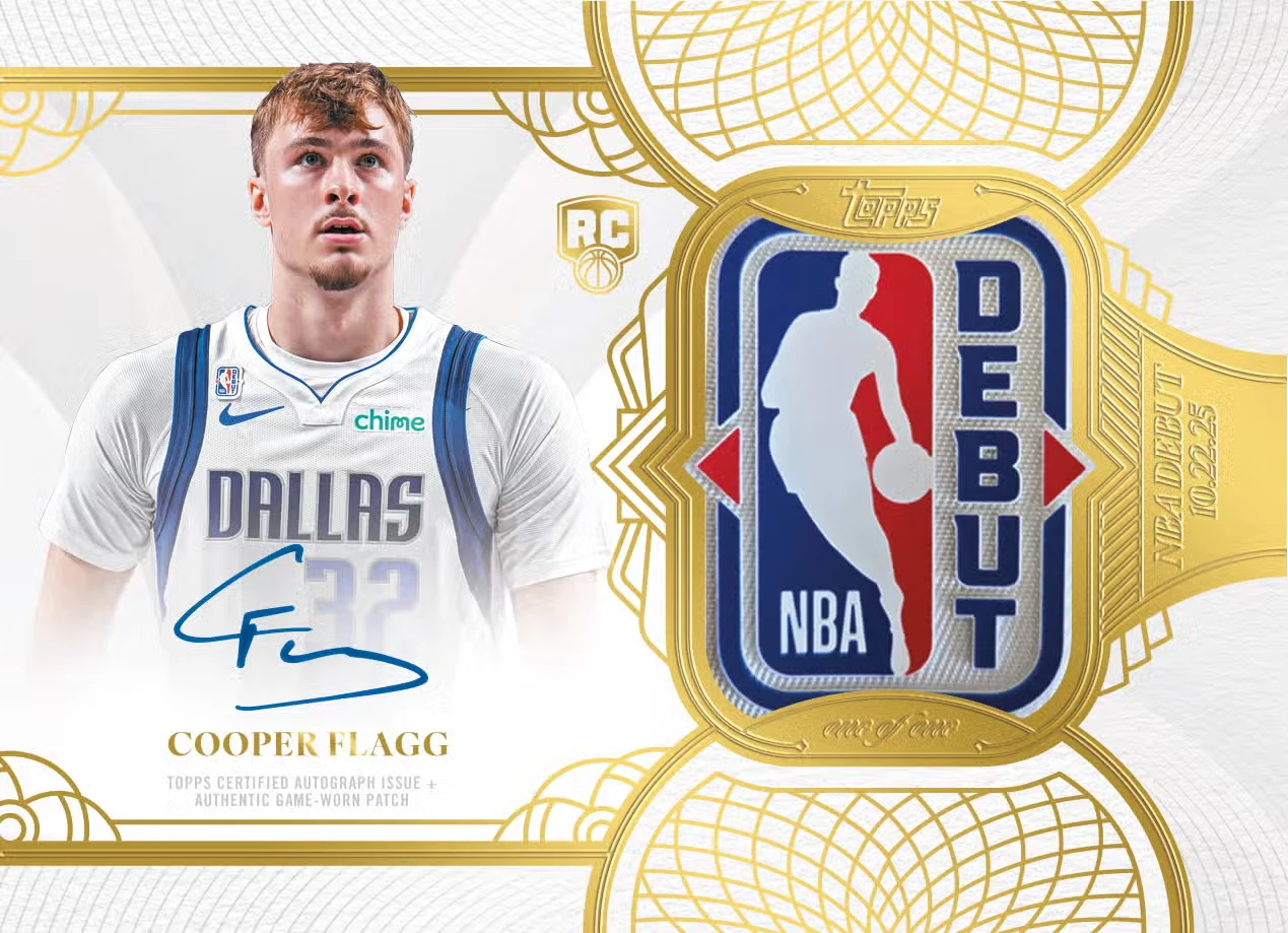 Cooper Flagg's Topps NBA Rookie Debut Patch Auto, a one-of-one card with a jersey patch, dated NBA Debut 10.22.25