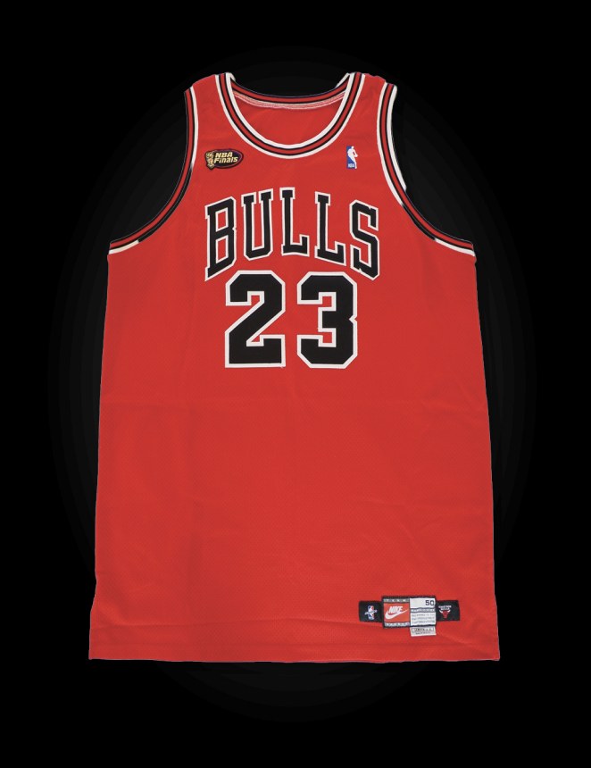 Michael Jordan’s red Chicago Bulls road jersey, number 23, with an NBA Finals patch, worn in Game 2 of the 1998 NBA Finals