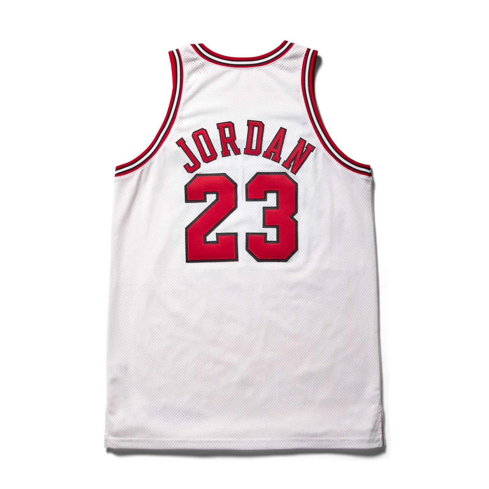 The back of Michael Jordan's white Chicago Bulls jersey, number 23, from Game 3 of the 1998 NBA Finals