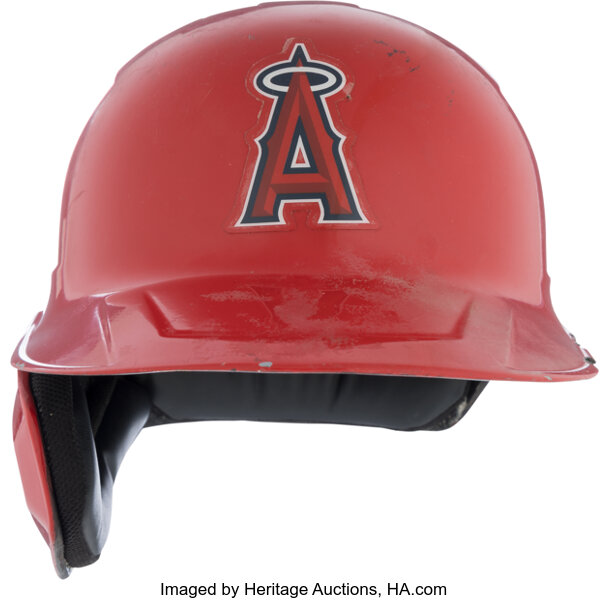 A red Los Angeles Angels batting helmet with the Angels logo on the crown, worn by Shohei Ohtani in 2021