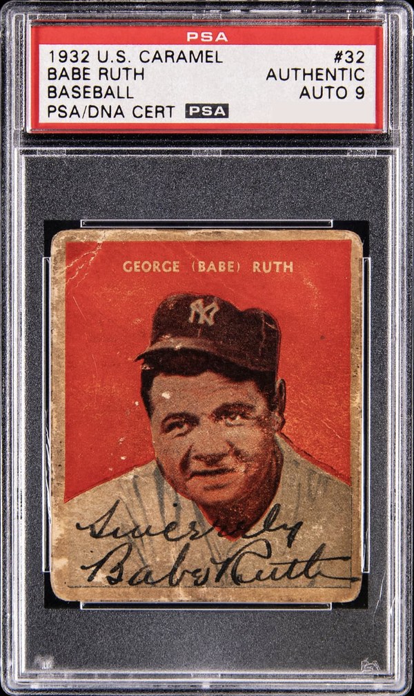 A 1932 U.S. Caramel Babe Ruth card in a PSA holder labeled Authentic, Auto 9, signed Sincerely Babe Ruth in black ink across the bottom of the card